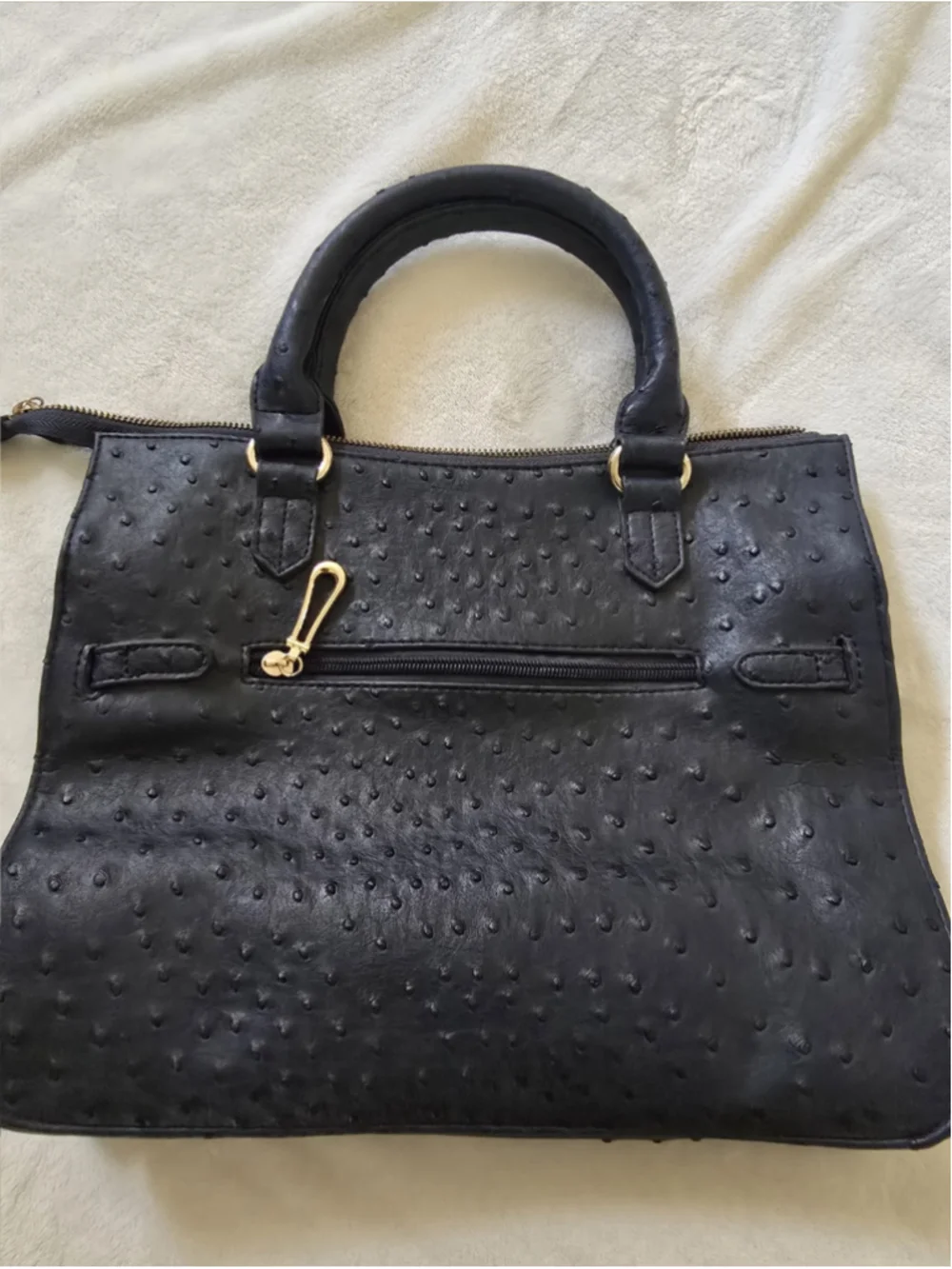 Genuine Leather Ostrich Embossed Birkin Style Top Handle Satchel Black-Navy Gold